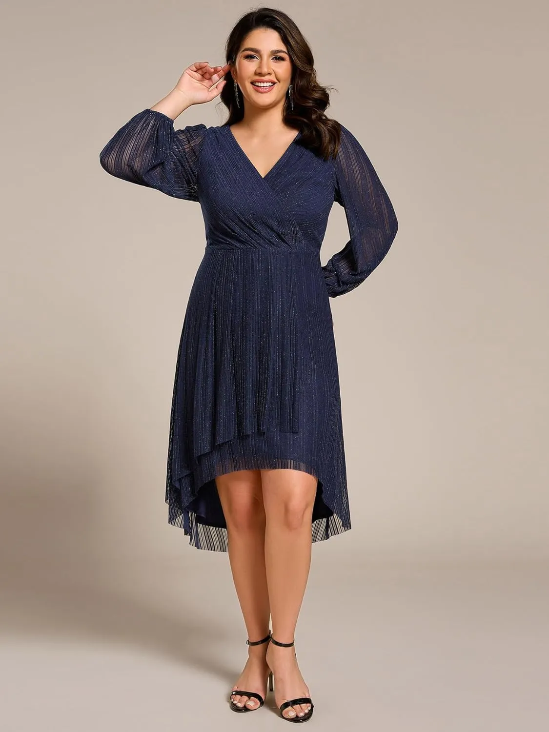 Ever-Pretty Plus Women's V Neck Glitter Long Sleeves High Low Plus Size Formal Wedding Guest Dresses 02266-DA