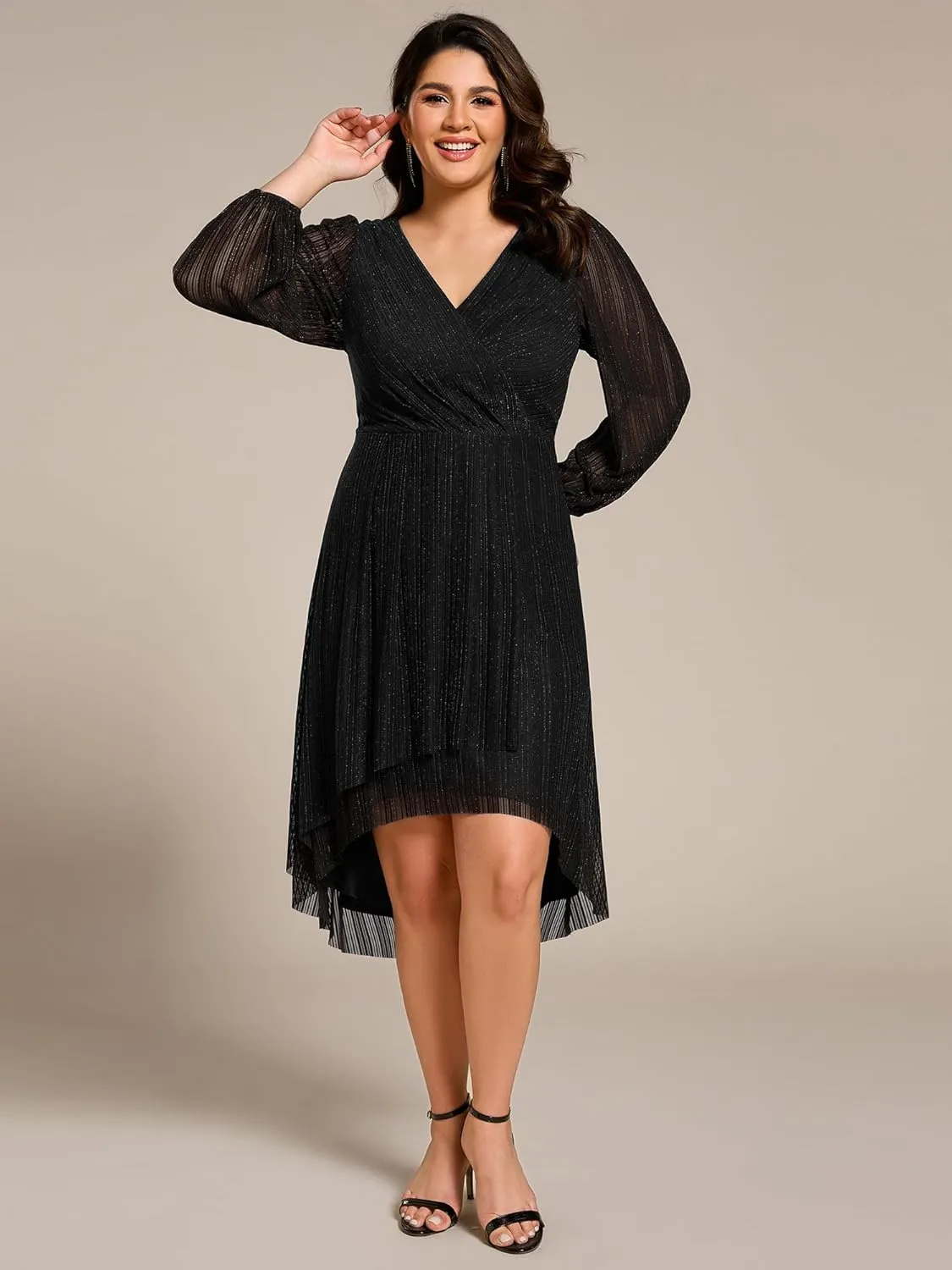 Ever-Pretty Plus Women's V Neck Glitter Long Sleeves High Low Plus Size Formal Wedding Guest Dresses 02266-DA