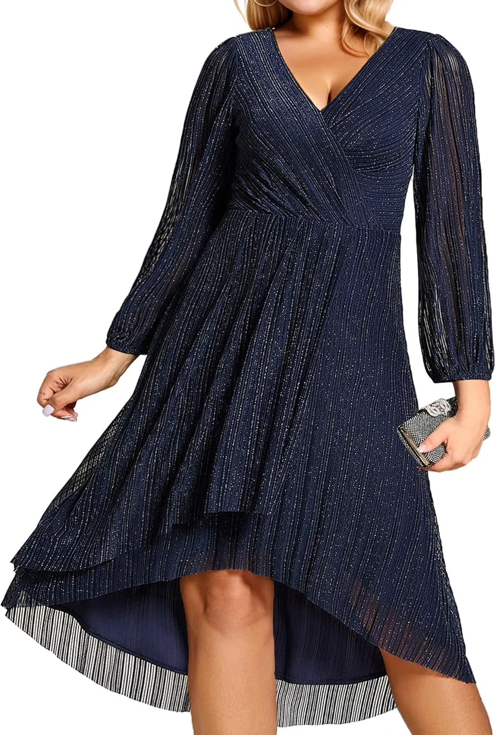 Ever-Pretty Plus Women's V Neck Glitter Long Sleeves High Low Plus Size Formal Wedding Guest Dresses 02266-DA