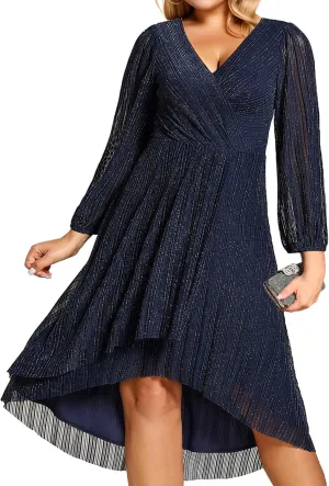 Ever-Pretty Plus Women's V Neck Glitter Long Sleeves High Low Plus Size Formal Wedding Guest Dresses 02266-DA