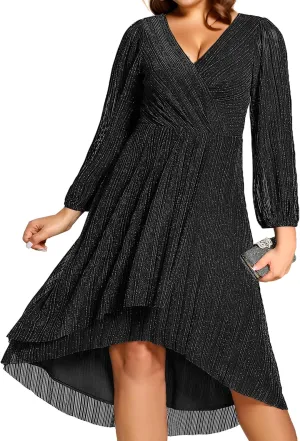 Ever-Pretty Plus Women's V Neck Glitter Long Sleeves High Low Plus Size Formal Wedding Guest Dresses 02266-DA