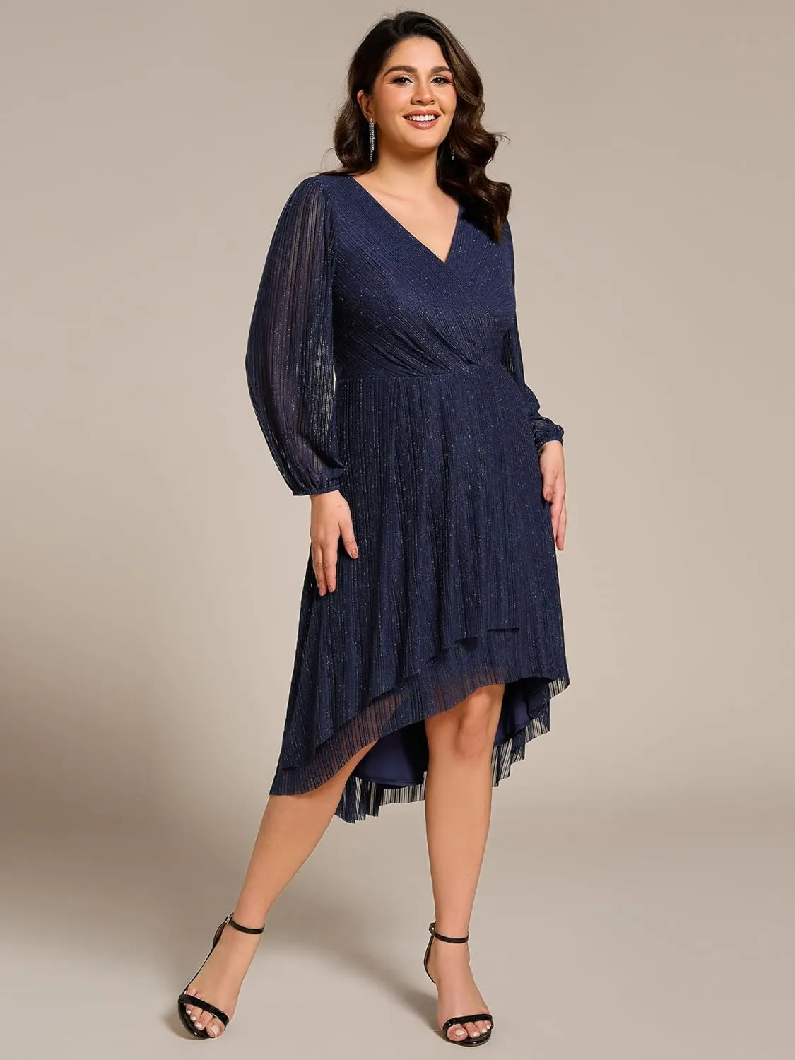 Ever-Pretty Plus Women's V Neck Glitter Long Sleeves High Low Plus Size Formal Wedding Guest Dresses 02266-DA