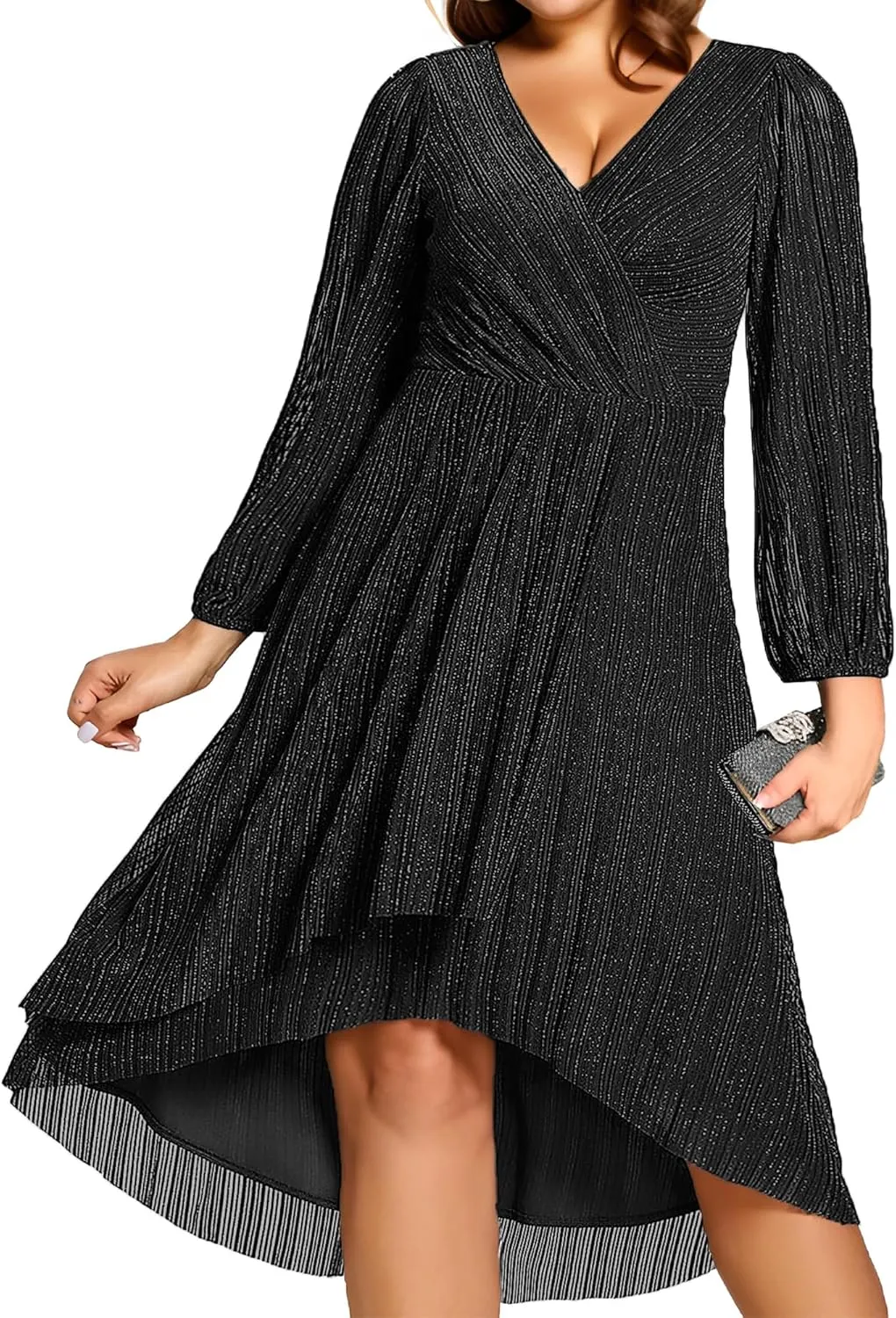 Ever-Pretty Plus Women's V Neck Glitter Long Sleeves High Low Plus Size Formal Wedding Guest Dresses 02266-DA
