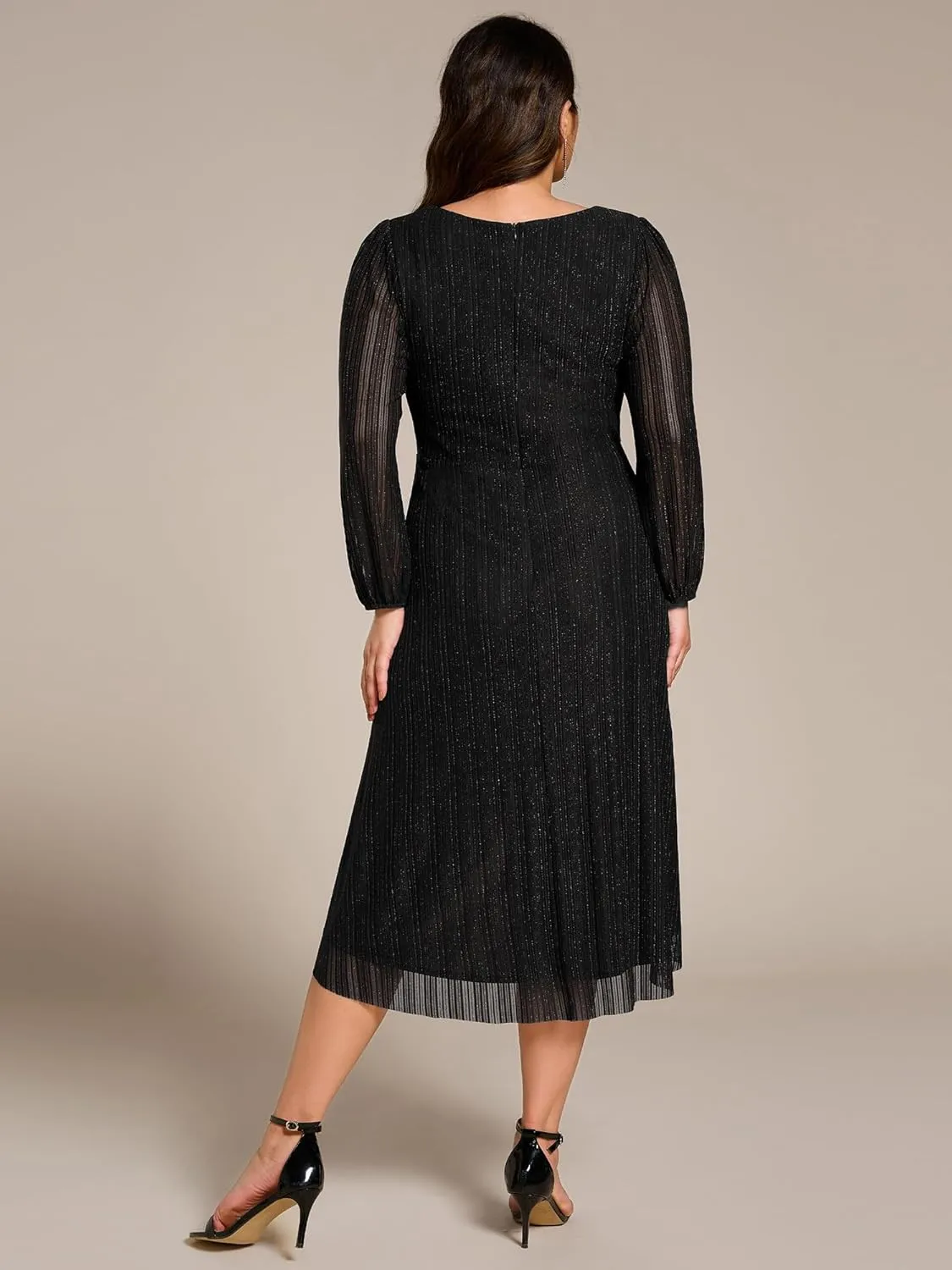 Ever-Pretty Plus Women's V Neck Glitter Long Sleeves High Low Plus Size Formal Wedding Guest Dresses 02266-DA