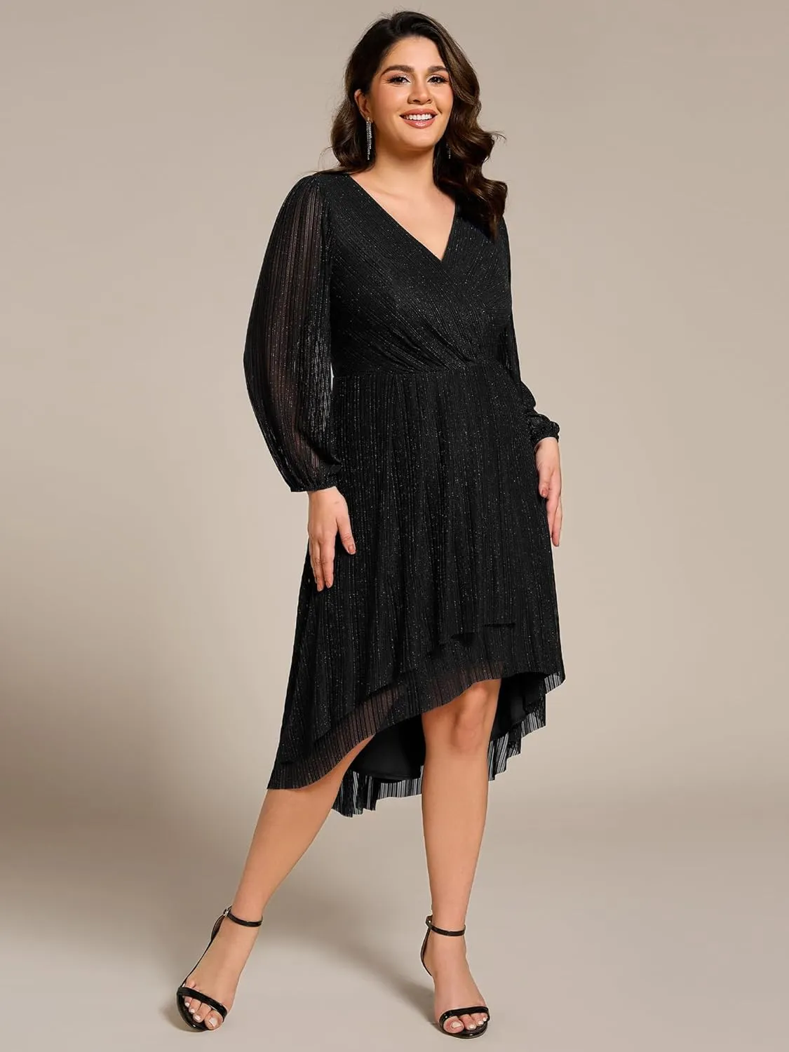 Ever-Pretty Plus Women's V Neck Glitter Long Sleeves High Low Plus Size Formal Wedding Guest Dresses 02266-DA