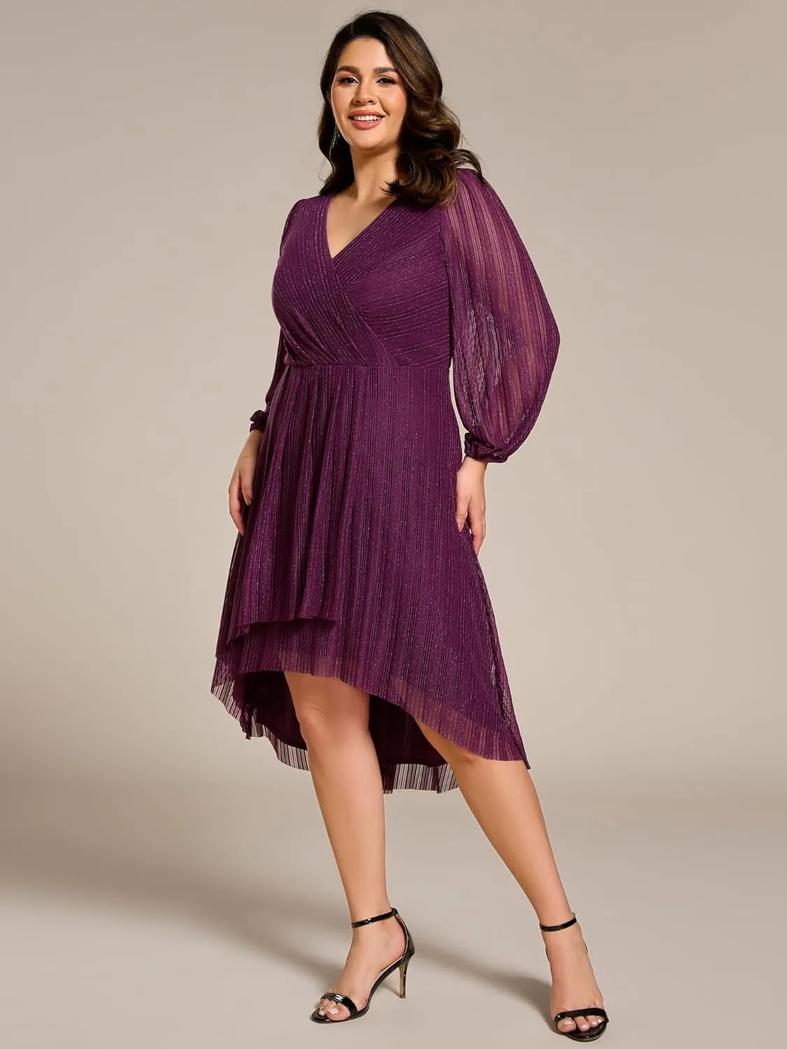 Ever-Pretty Plus Women's V Neck Glitter Long Sleeves High Low Plus Size Formal Wedding Guest Dresses 02266-DA