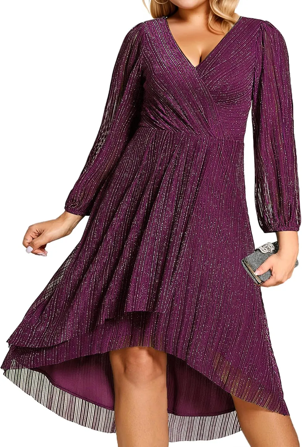Ever-Pretty Plus Women's V Neck Glitter Long Sleeves High Low Plus Size Formal Wedding Guest Dresses 02266-DA