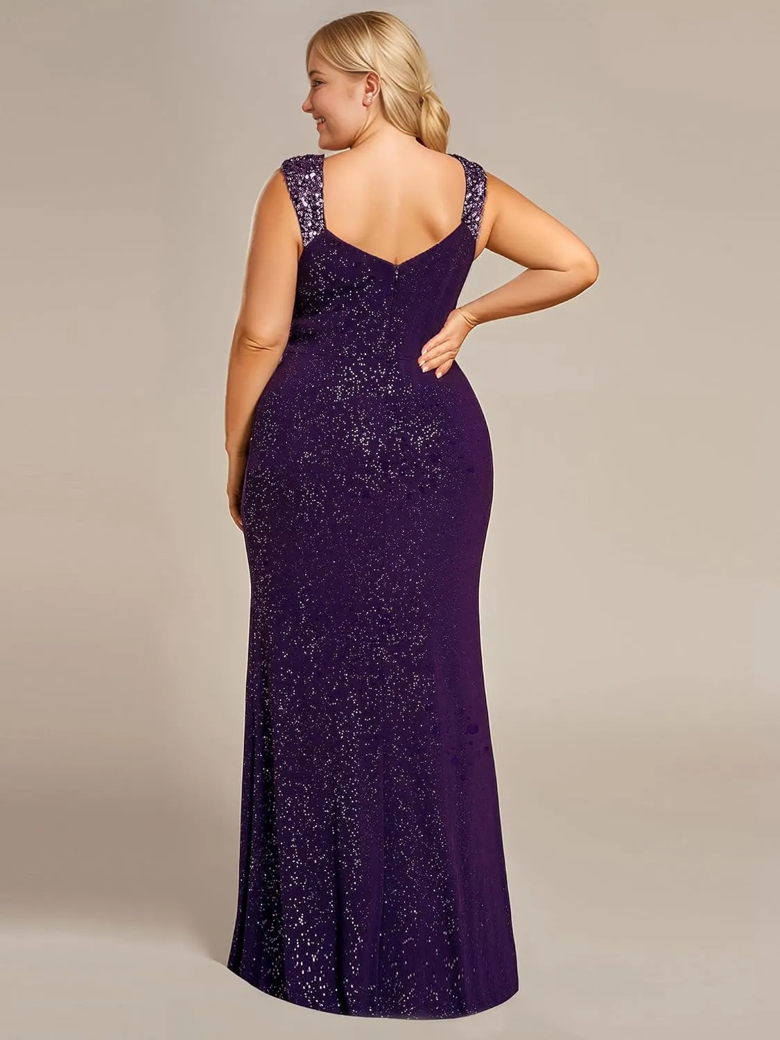 Ever-Pretty Plus Women's V Neck Pleated Bodycon Glitter Side Slit Sleeveless Floor Length Plus Size Ball Dresses 01888-DAPH