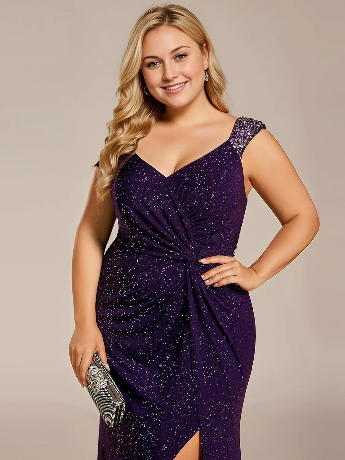 Ever-Pretty Plus Women's V Neck Pleated Bodycon Glitter Side Slit Sleeveless Floor Length Plus Size Ball Dresses 01888-DAPH