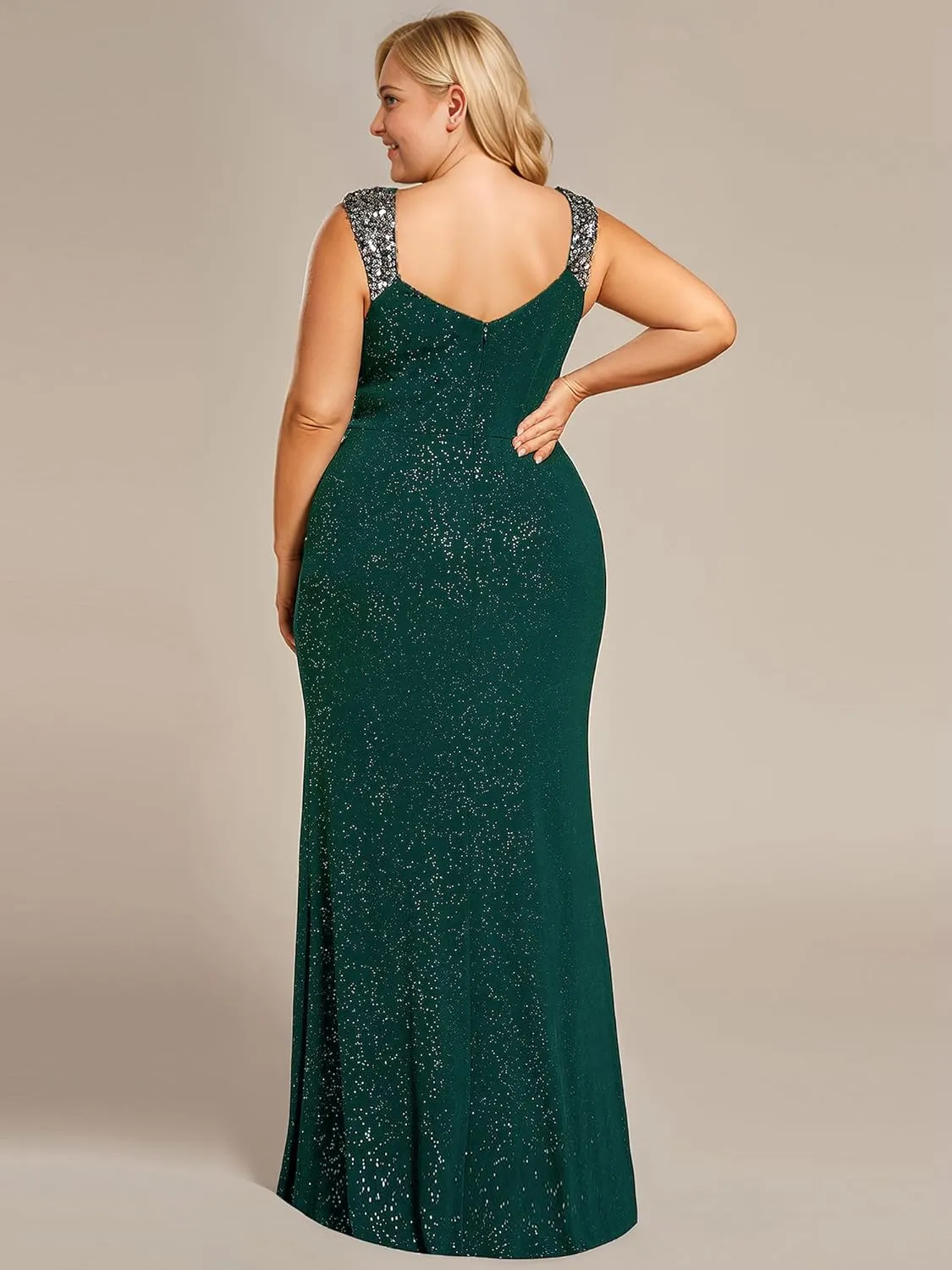 Ever-Pretty Plus Women's V Neck Pleated Bodycon Glitter Side Slit Sleeveless Floor Length Plus Size Ball Dresses 01888-DAPH