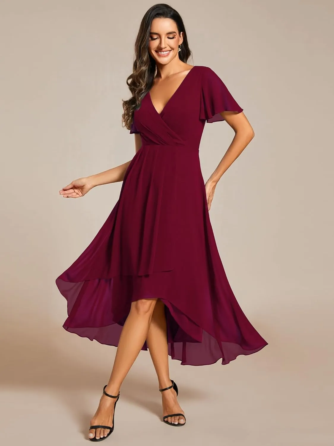 Ever-Pretty Women's A Line V Neck Ruffle Sleeves Pleated High Low Formal Dresses 02084