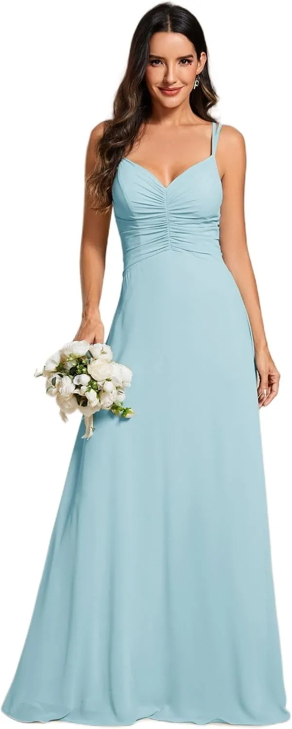 Ever-Pretty Women's Chiffon V-Neck Flowy Pleated Chiffon Spaghetti Straps Elegant Bridesmaid Dresses S0021