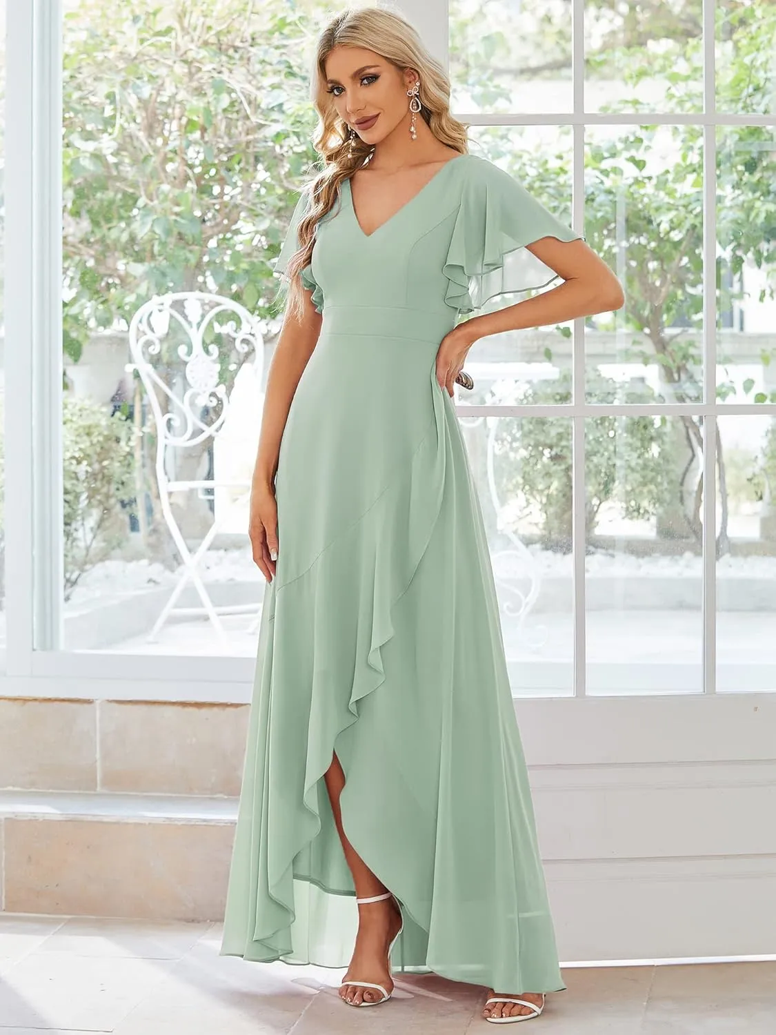 Ever-Pretty Women's Double V Neck A Line Ruffle Hem Backless High Low Chiffon Bridesmaid Dresses 01749