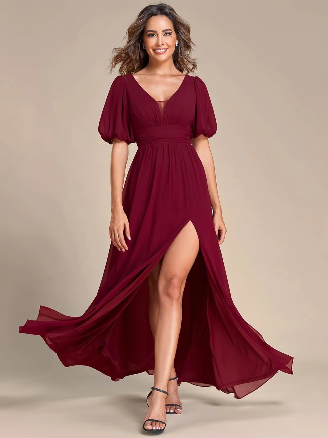 Ever-Pretty Women's Double V-Neck Puffy Sleeves Side Slit Chiffon A-Line Floor Length Evening Dresses 01385