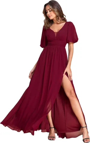 Ever-Pretty Women's Double V-Neck Puffy Sleeves Side Slit Chiffon A-Line Floor Length Evening Dresses 01385