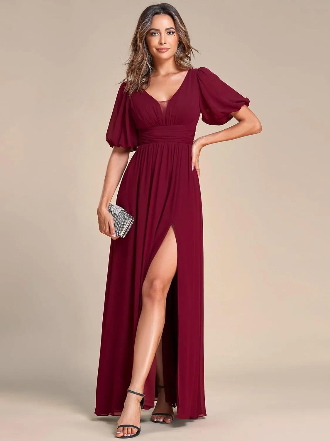 Ever-Pretty Women's Double V-Neck Puffy Sleeves Side Slit Chiffon A-Line Floor Length Evening Dresses 01385