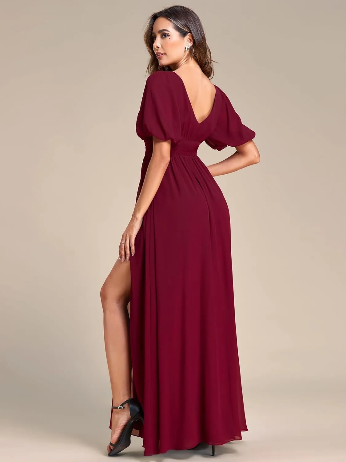 Ever-Pretty Women's Double V-Neck Puffy Sleeves Side Slit Chiffon A-Line Floor Length Evening Dresses 01385
