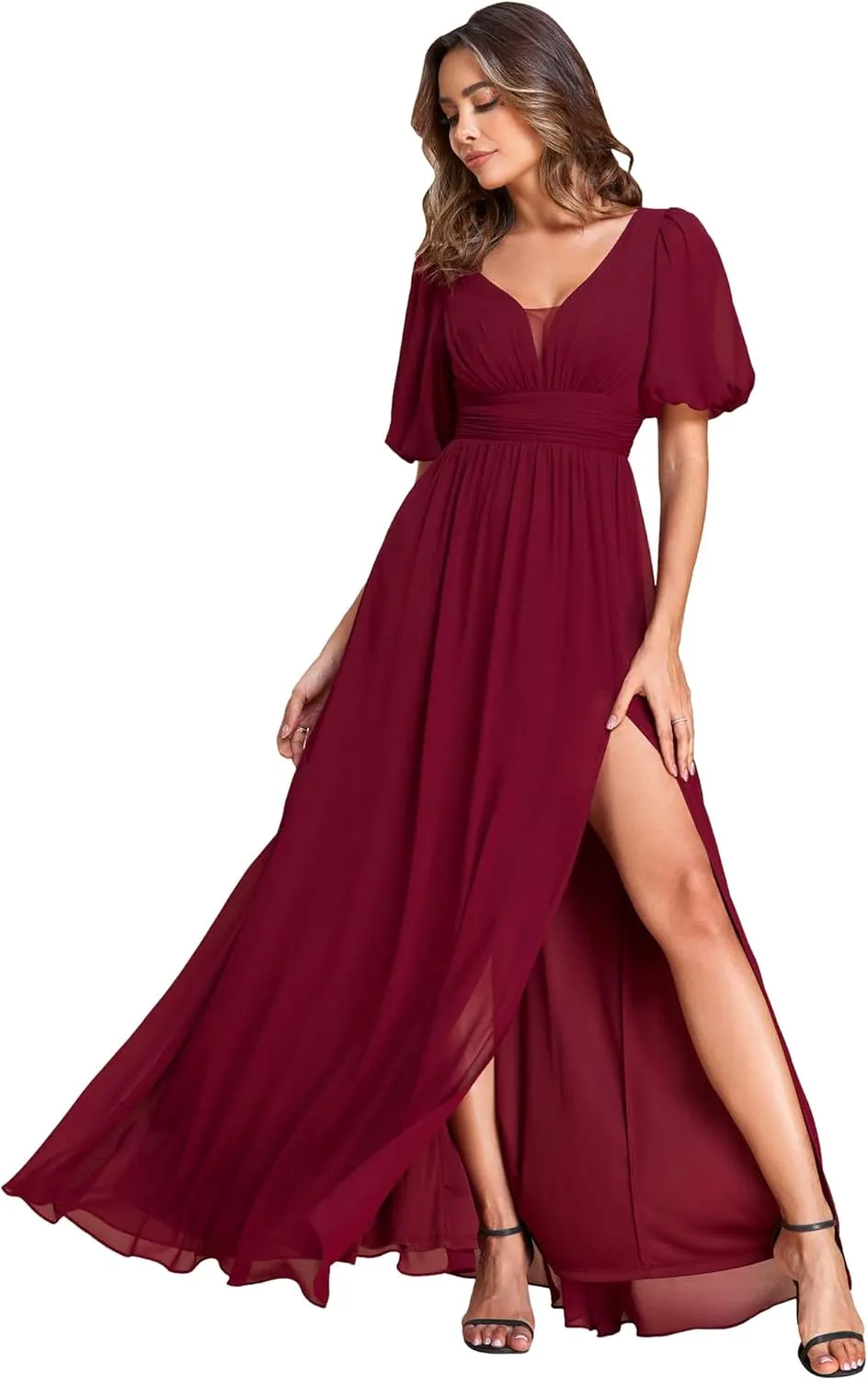 Ever-Pretty Women's Double V-Neck Puffy Sleeves Side Slit Chiffon A-Line Floor Length Evening Dresses 01385