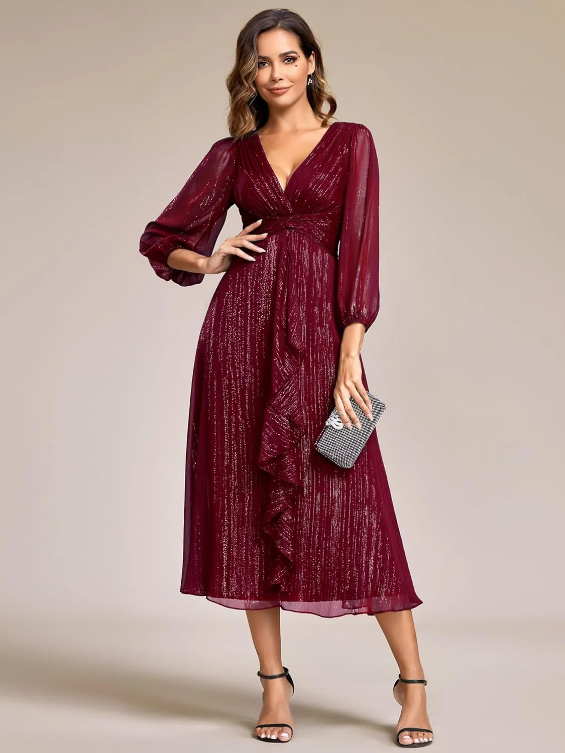 Ever-Pretty Women's Elegant A Line Ruched V Neck Long Sleeves Tea-Length Wedding Guest Dresses 01977