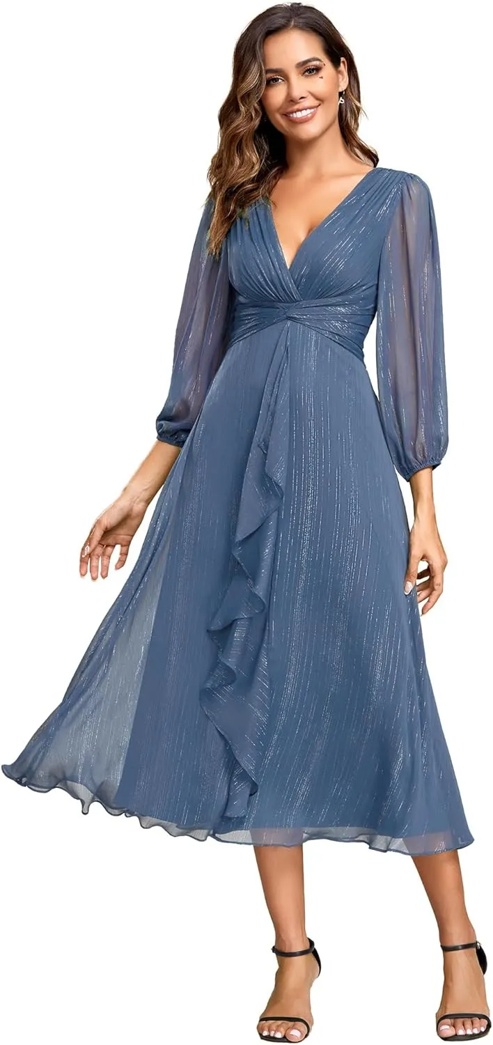 Ever-Pretty Women's Elegant A Line Ruched V Neck Long Sleeves Tea-Length Wedding Guest Dresses 01977