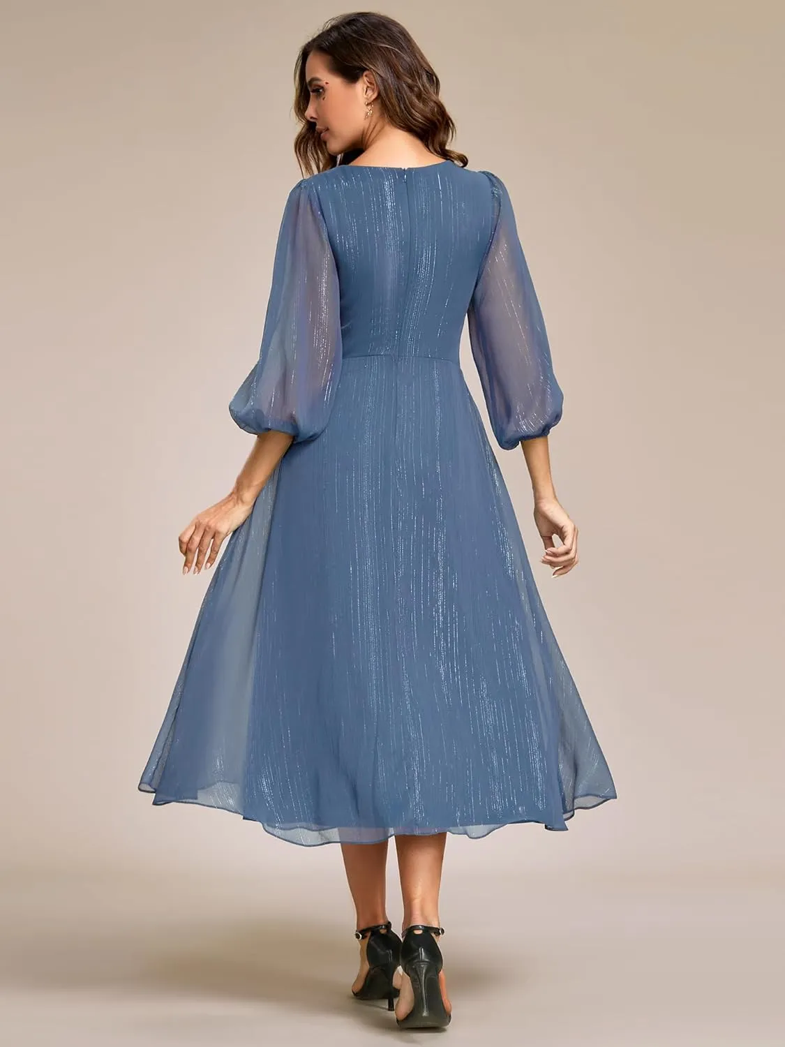 Ever-Pretty Women's Elegant A Line Ruched V Neck Long Sleeves Tea-Length Wedding Guest Dresses 01977