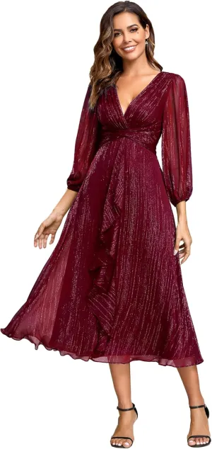 Ever-Pretty Women's Elegant A Line Ruched V Neck Long Sleeves Tea-Length Wedding Guest Dresses 01977
