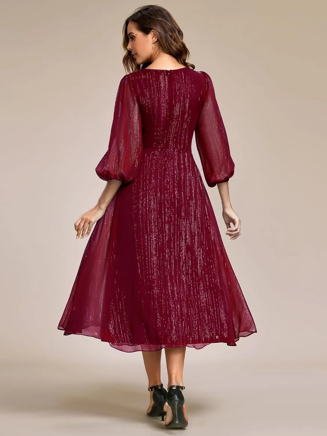 Ever-Pretty Women's Elegant A Line Ruched V Neck Long Sleeves Tea-Length Wedding Guest Dresses 01977