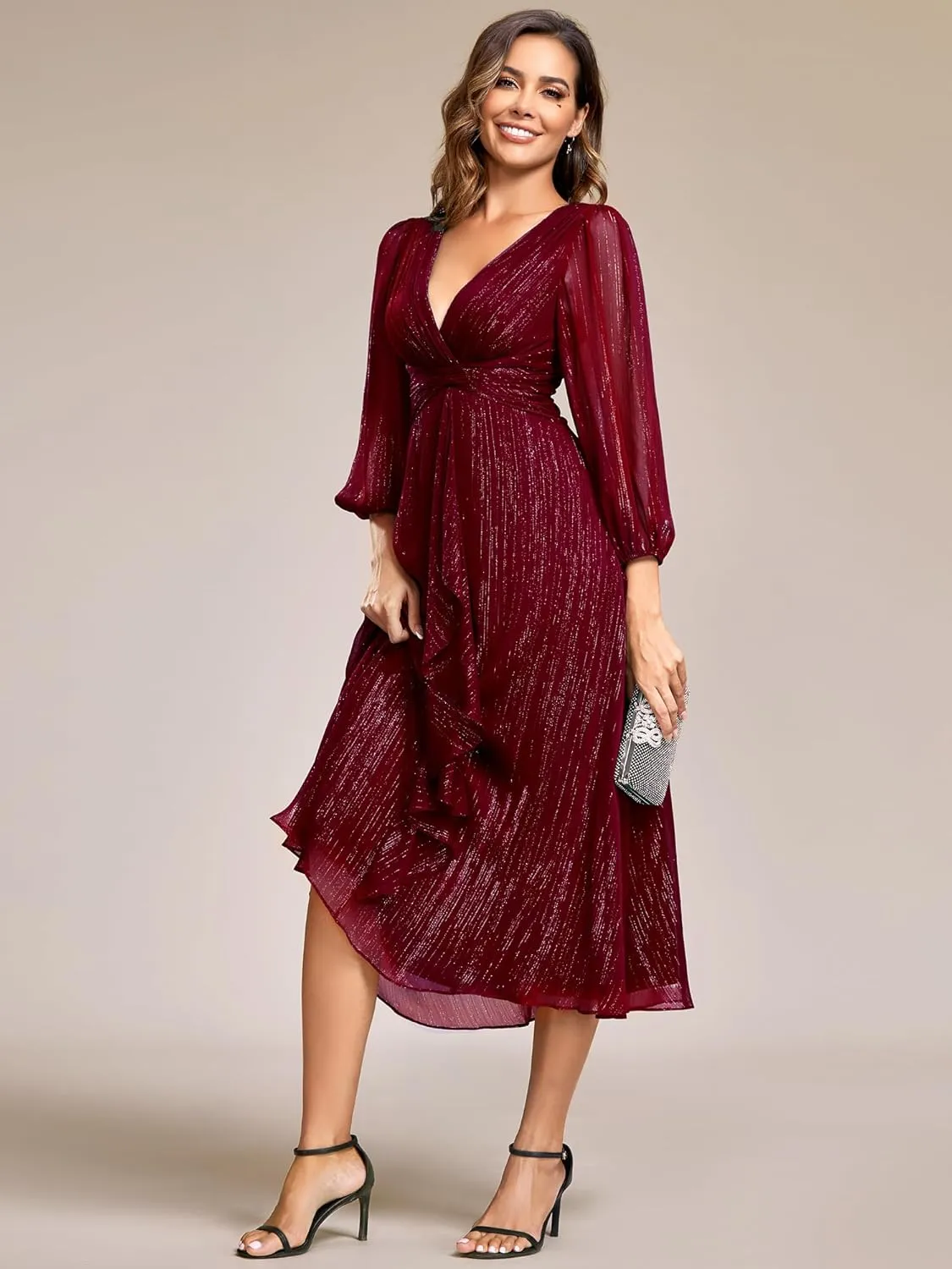 Ever-Pretty Women's Elegant A Line Ruched V Neck Long Sleeves Tea-Length Wedding Guest Dresses 01977