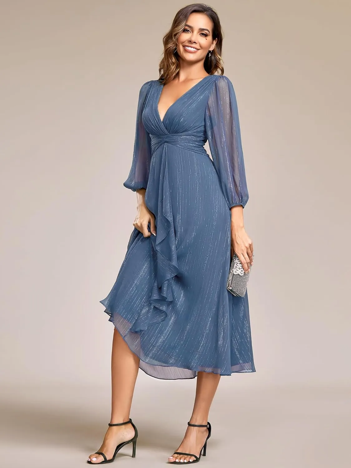 Ever-Pretty Women's Elegant A Line Ruched V Neck Long Sleeves Tea-Length Wedding Guest Dresses 01977