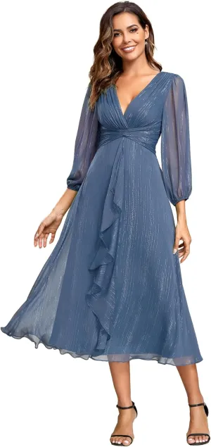 Ever-Pretty Women's Elegant A Line Ruched V Neck Long Sleeves Tea-Length Wedding Guest Dresses 01977