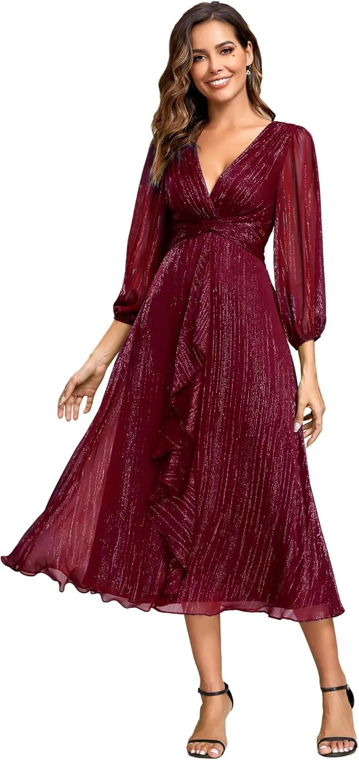Ever-Pretty Women's Elegant A Line Ruched V Neck Long Sleeves Tea-Length Wedding Guest Dresses 01977