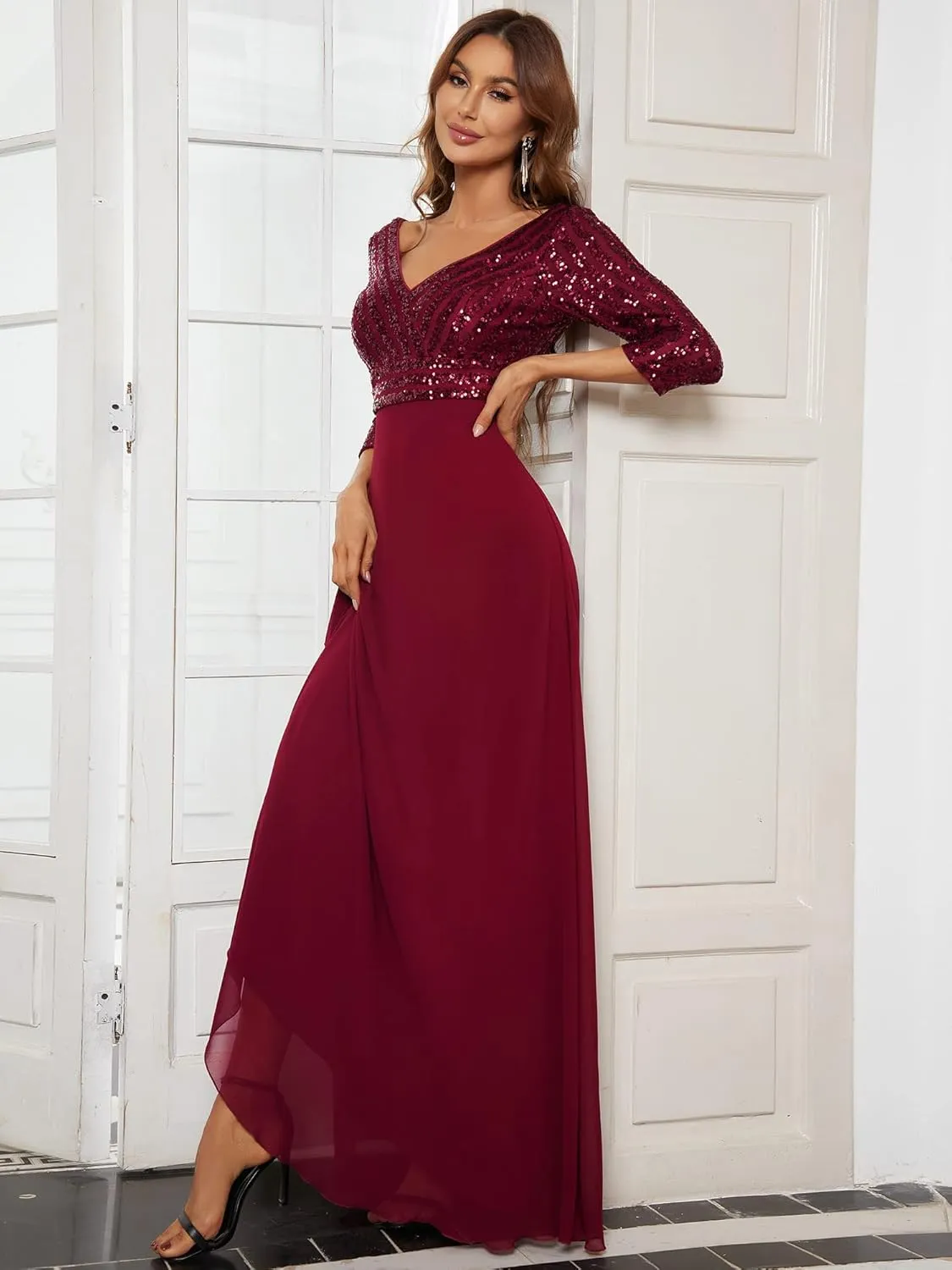 Ever-Pretty Women's Elegant Formal Dress V-Neck Long Sleeve Sequin Maxi Chiffon Evening Dresses 00751
