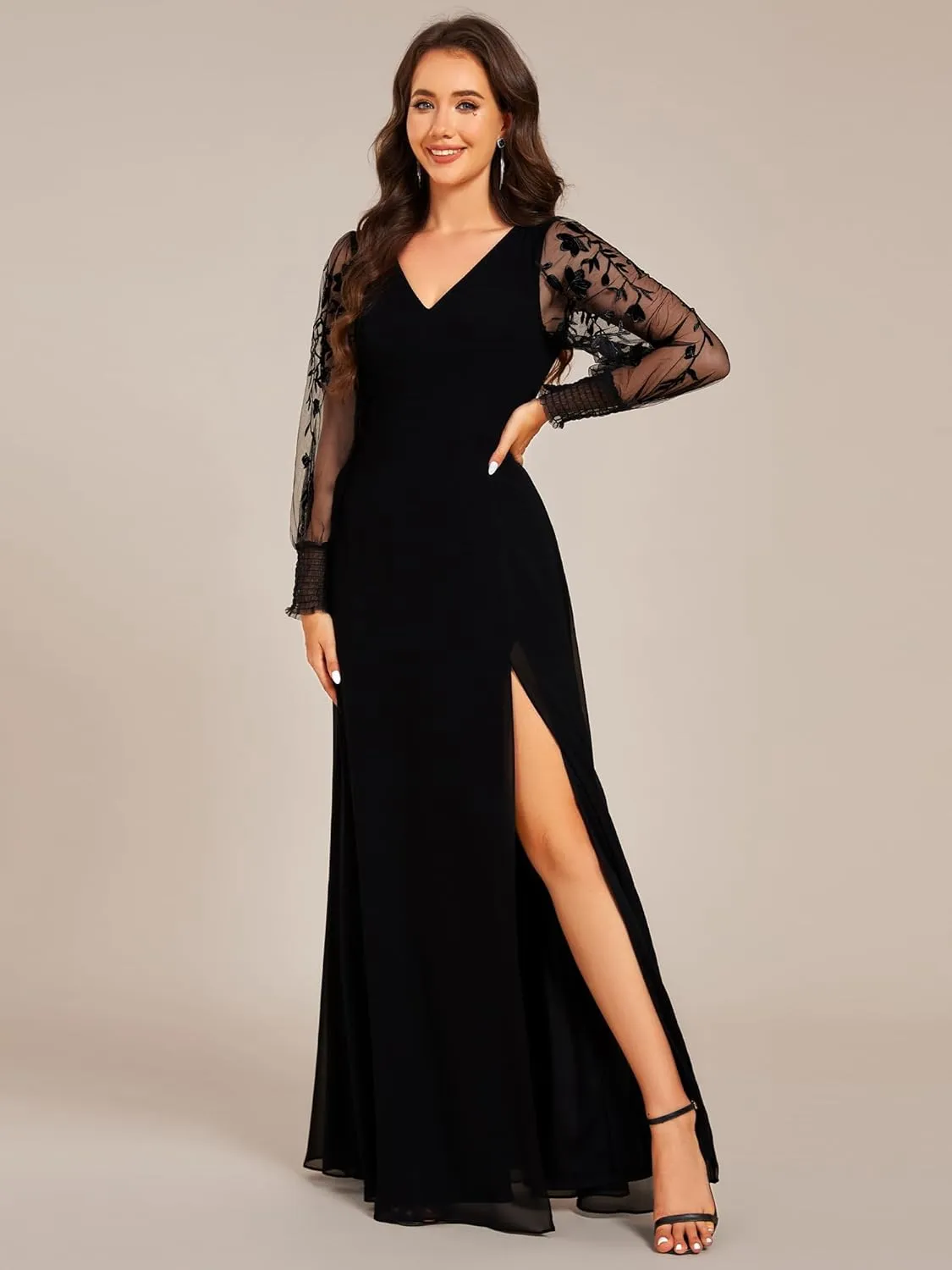 Ever-Pretty Women's Elegant V Neck Floral Sheer Long Sleeves Slit Chiffon Maxi Evening Dresses 02251