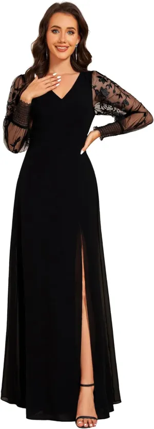Ever-Pretty Women's Elegant V Neck Floral Sheer Long Sleeves Slit Chiffon Maxi Evening Dresses 02251
