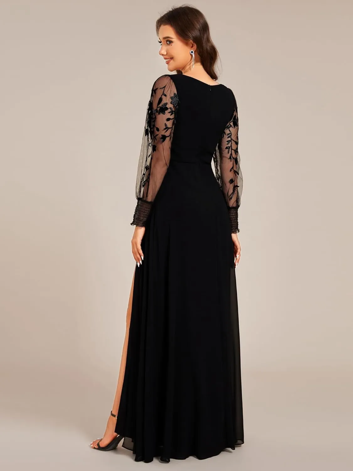 Ever-Pretty Women's Elegant V Neck Floral Sheer Long Sleeves Slit Chiffon Maxi Evening Dresses 02251