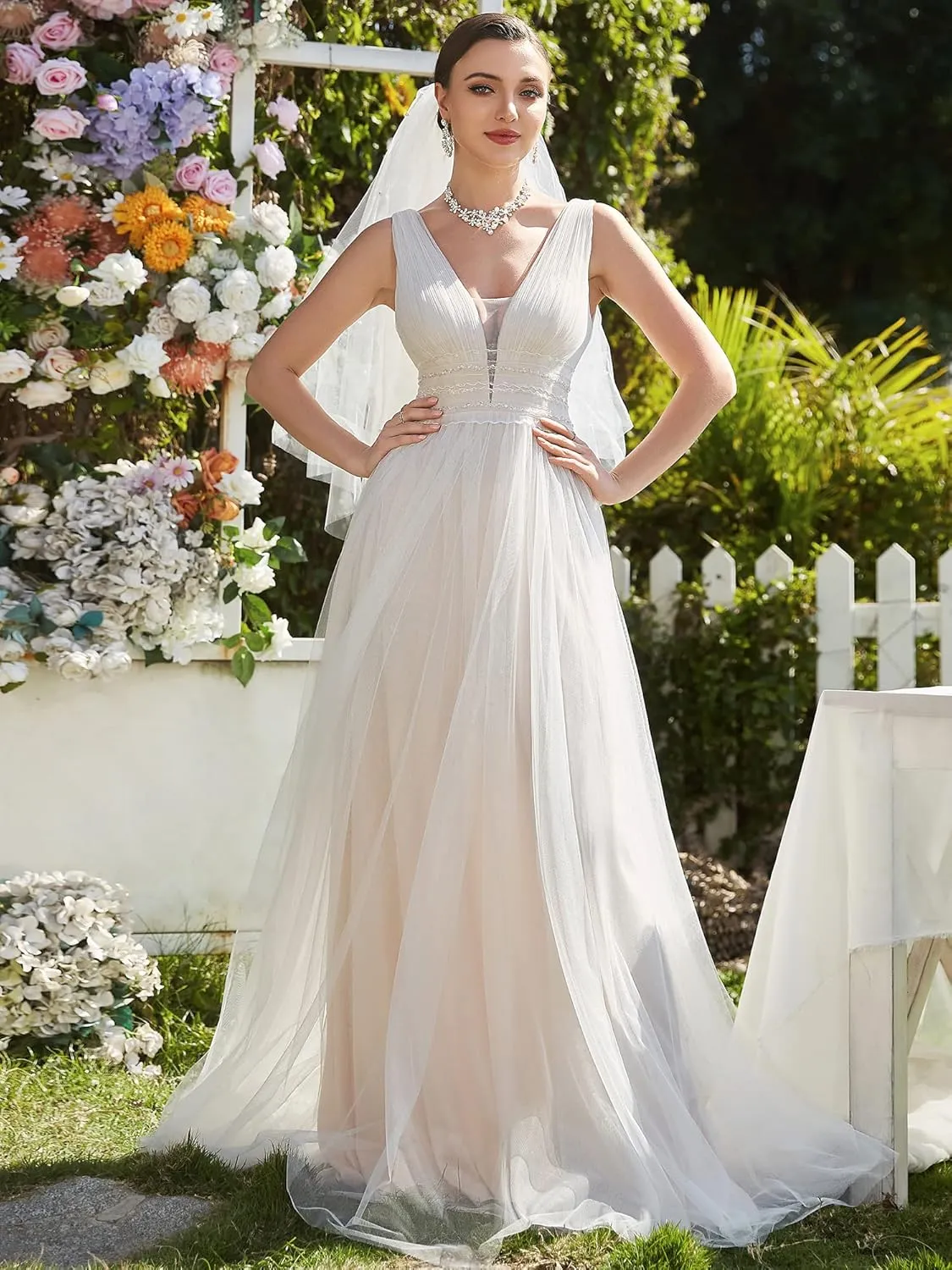 Ever-Pretty Women's Elegant V-Neck Sleeveless Tulle Ruched A-Line Casual Wedding Dresses for Bride 0096A