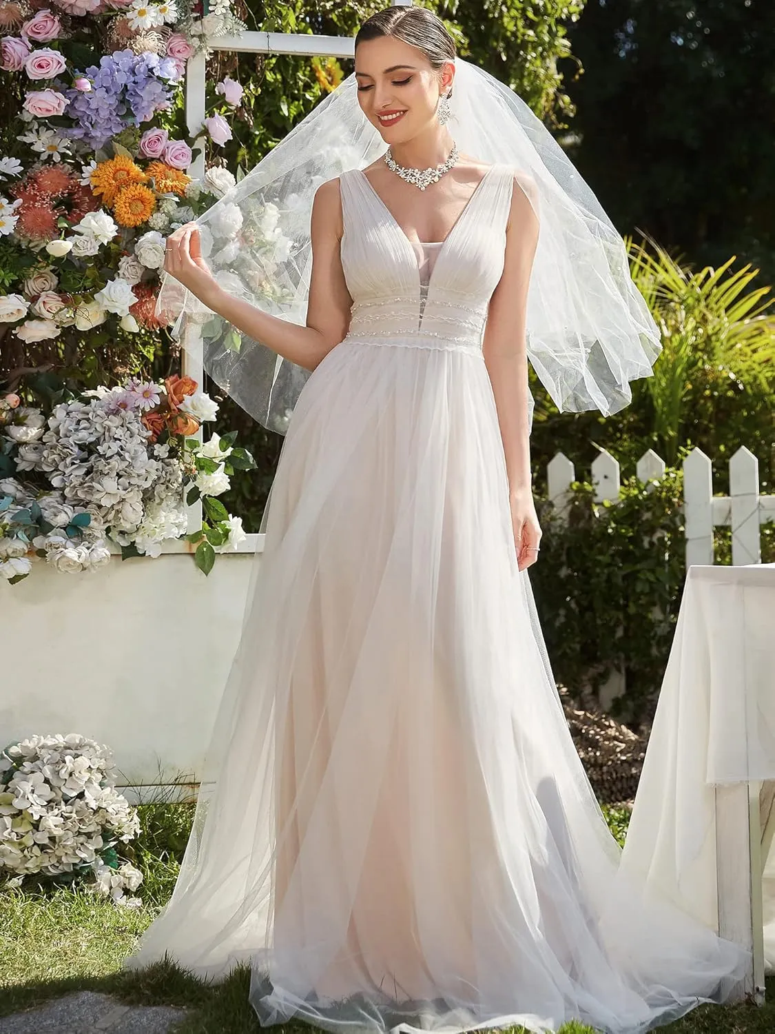 Ever-Pretty Women's Elegant V-Neck Sleeveless Tulle Ruched A-Line Casual Wedding Dresses for Bride 0096A