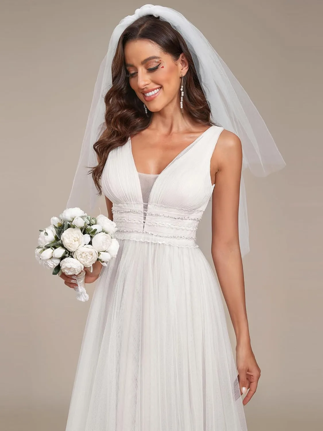 Ever-Pretty Women's Elegant V-Neck Sleeveless Tulle Ruched A-Line Casual Wedding Dresses for Bride 0096A