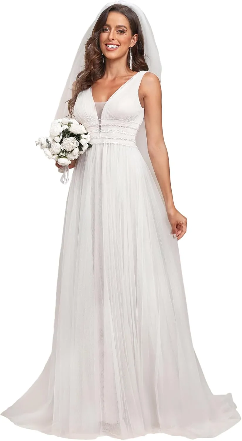 Ever-Pretty Women's Elegant V-Neck Sleeveless Tulle Ruched A-Line Casual Wedding Dresses for Bride 0096A