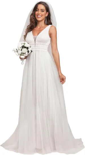 Ever-Pretty Women's Elegant V-Neck Sleeveless Tulle Ruched A-Line Casual Wedding Dresses for Bride 0096A