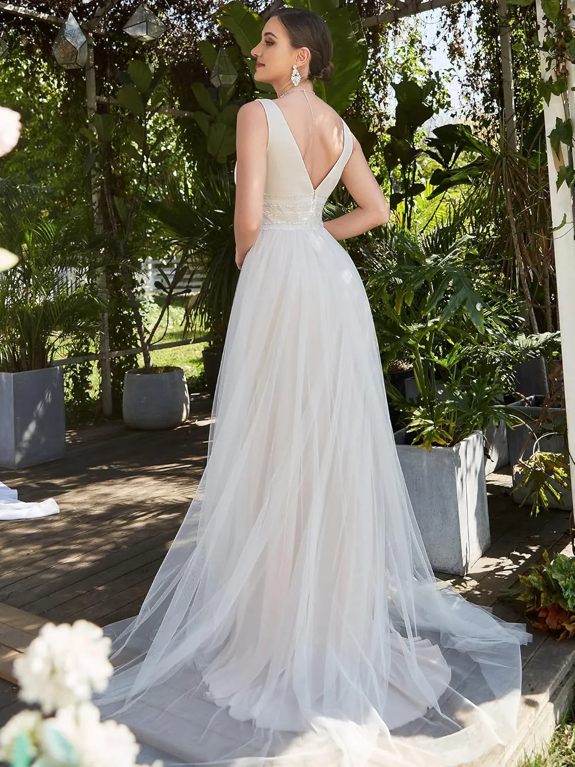 Ever-Pretty Women's Elegant V-Neck Sleeveless Tulle Ruched A-Line Casual Wedding Dresses for Bride 0096A