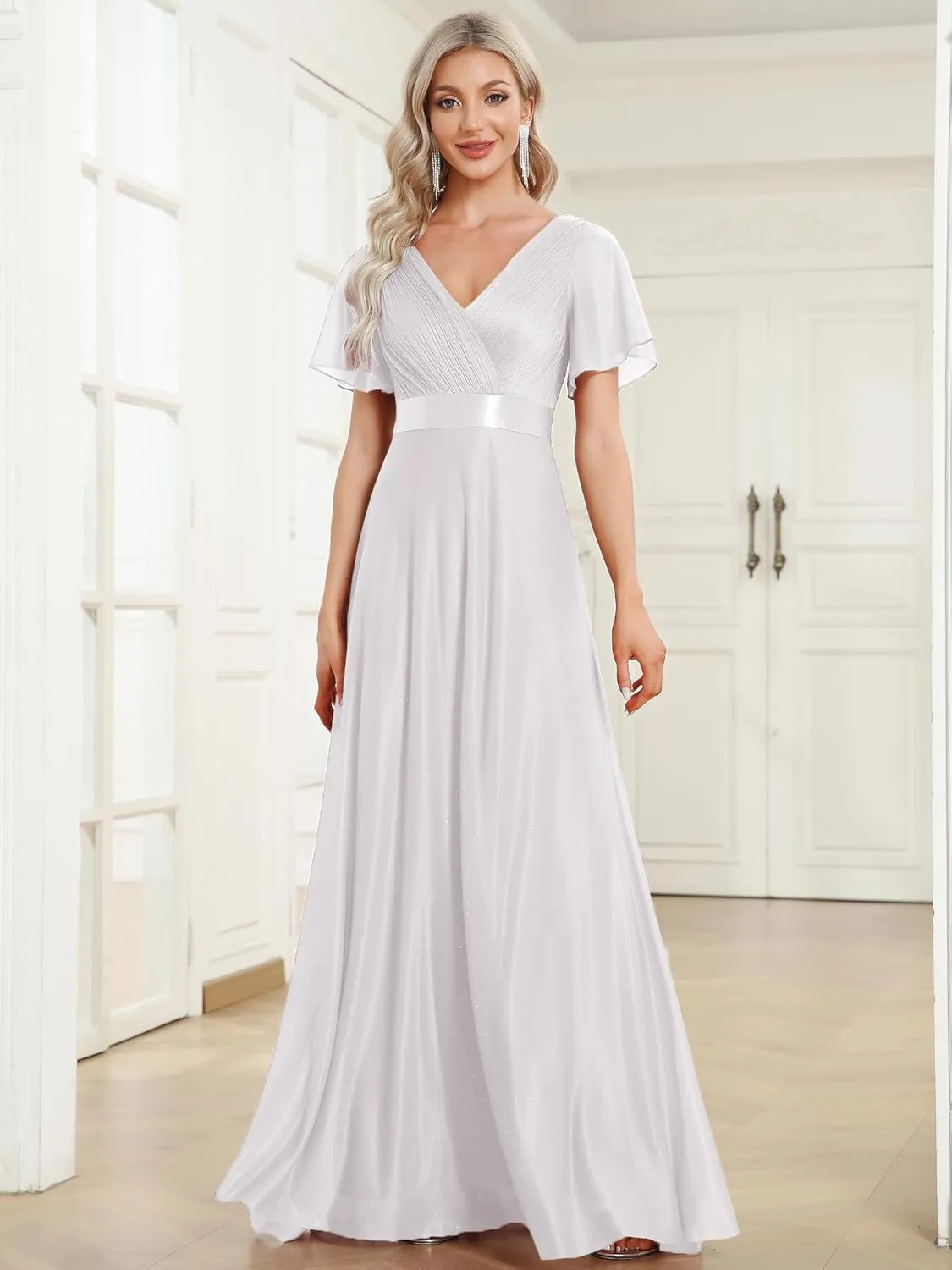 Ever-Pretty Womens Evening Dresses V Neck Short Sleeves A-line Glitter Formal Dresses 50159