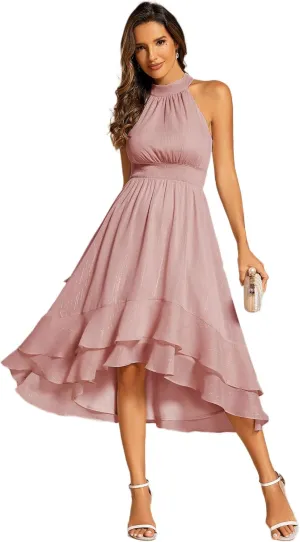 Ever-Pretty Women's Halterneck Elastic Waist Glitter High Low Summer Wedding Guest Dress with Layered Ruffles 31977