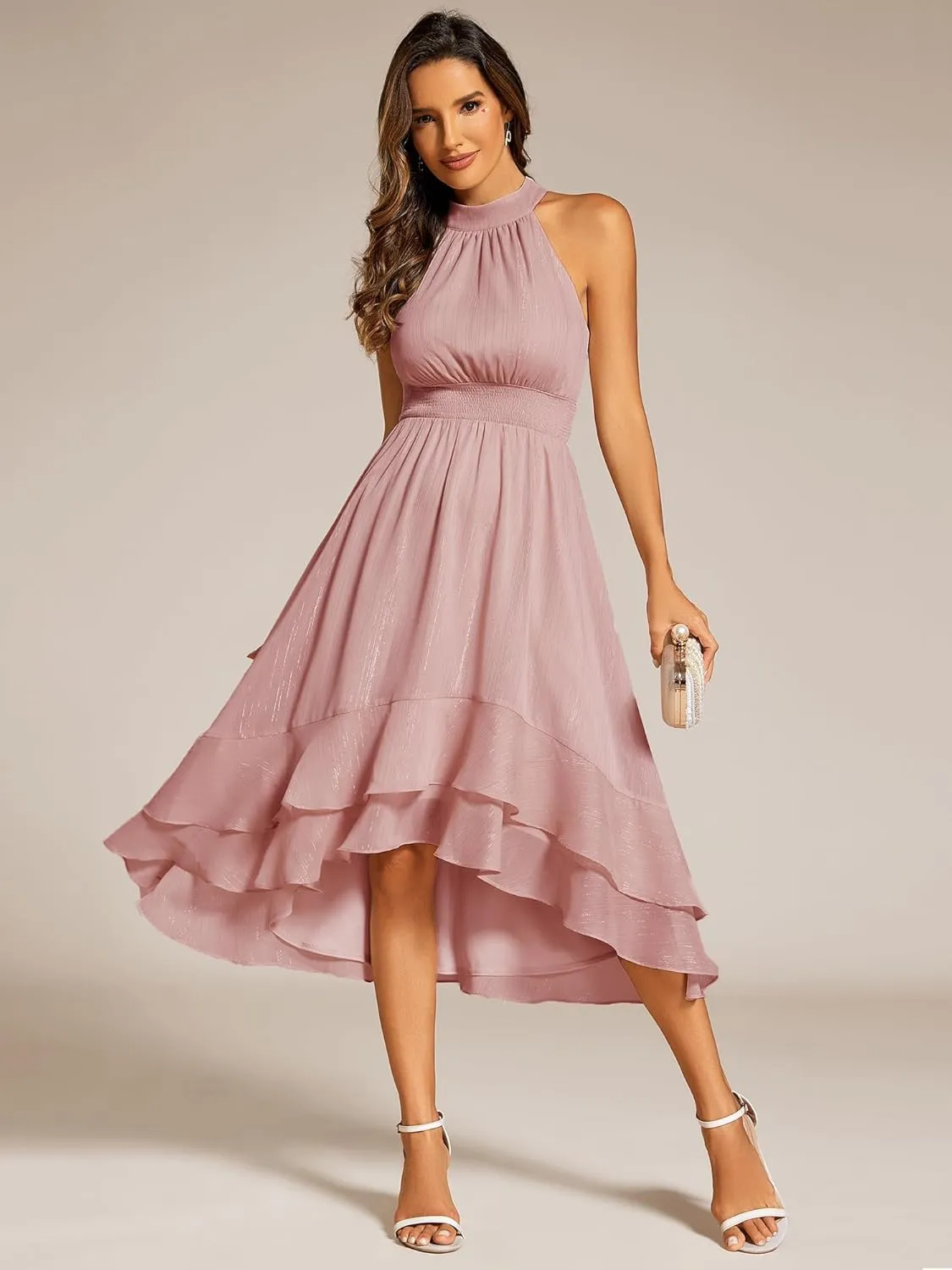 Ever-Pretty Women's Halterneck Elastic Waist Glitter High Low Summer Wedding Guest Dress with Layered Ruffles 31977