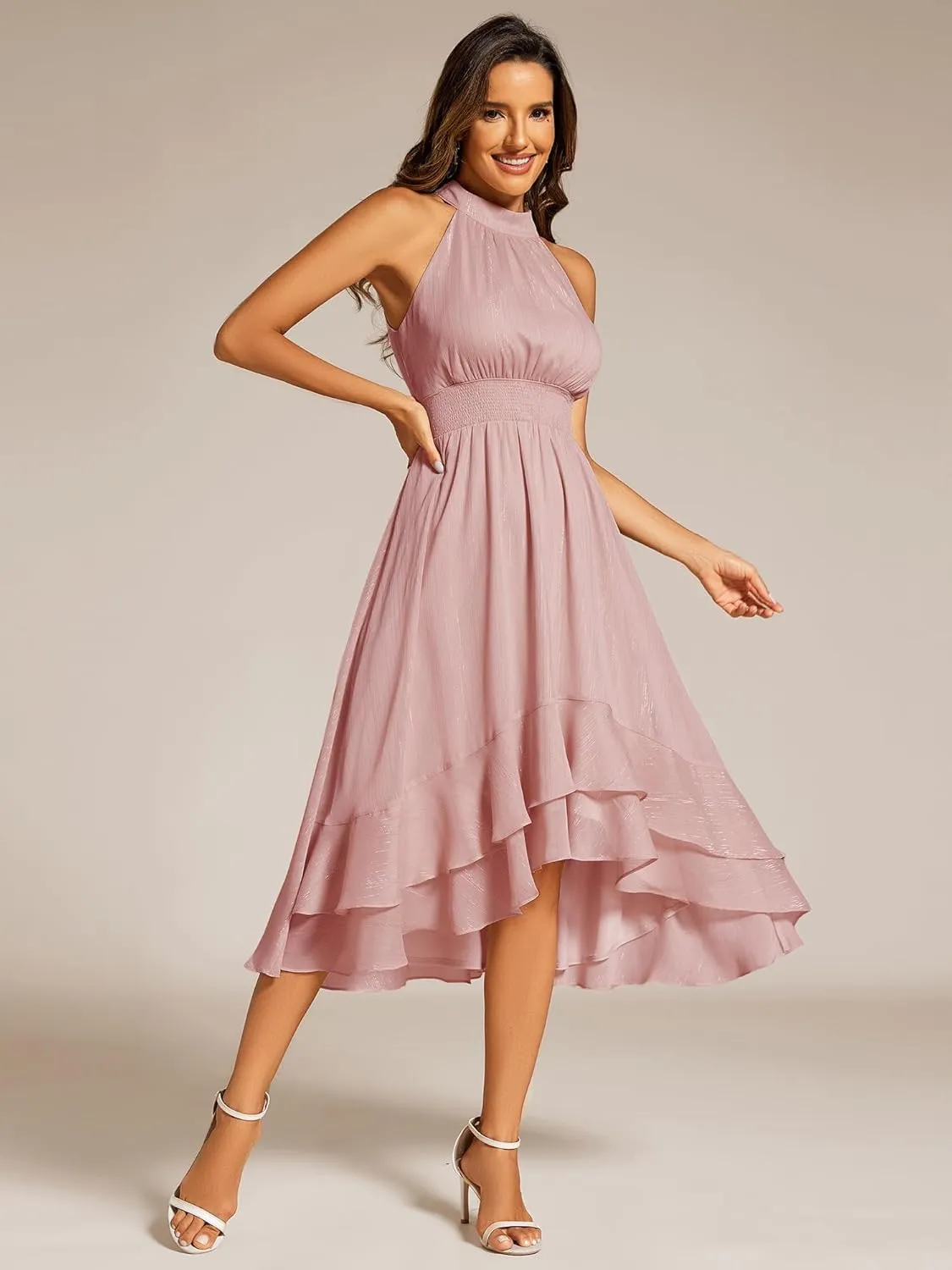 Ever-Pretty Women's Halterneck Elastic Waist Glitter High Low Summer Wedding Guest Dress with Layered Ruffles 31977