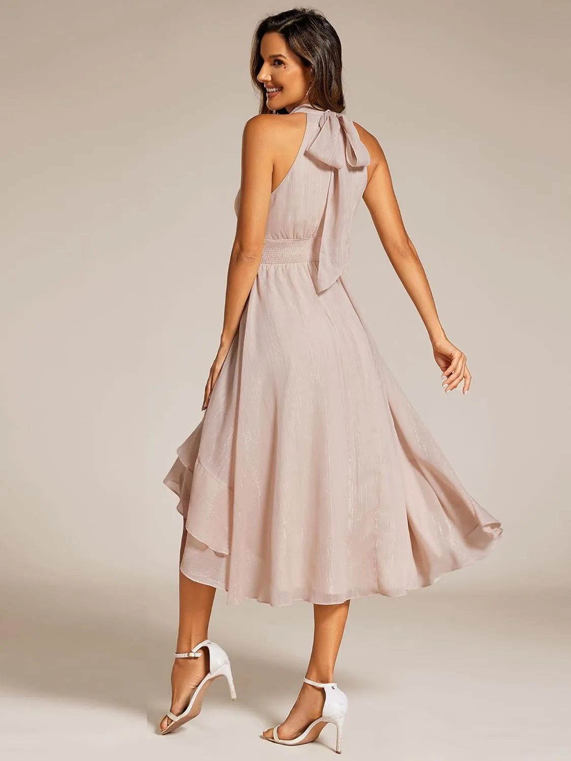 Ever-Pretty Women's Halterneck Elastic Waist Glitter High Low Summer Wedding Guest Dress with Layered Ruffles 31977