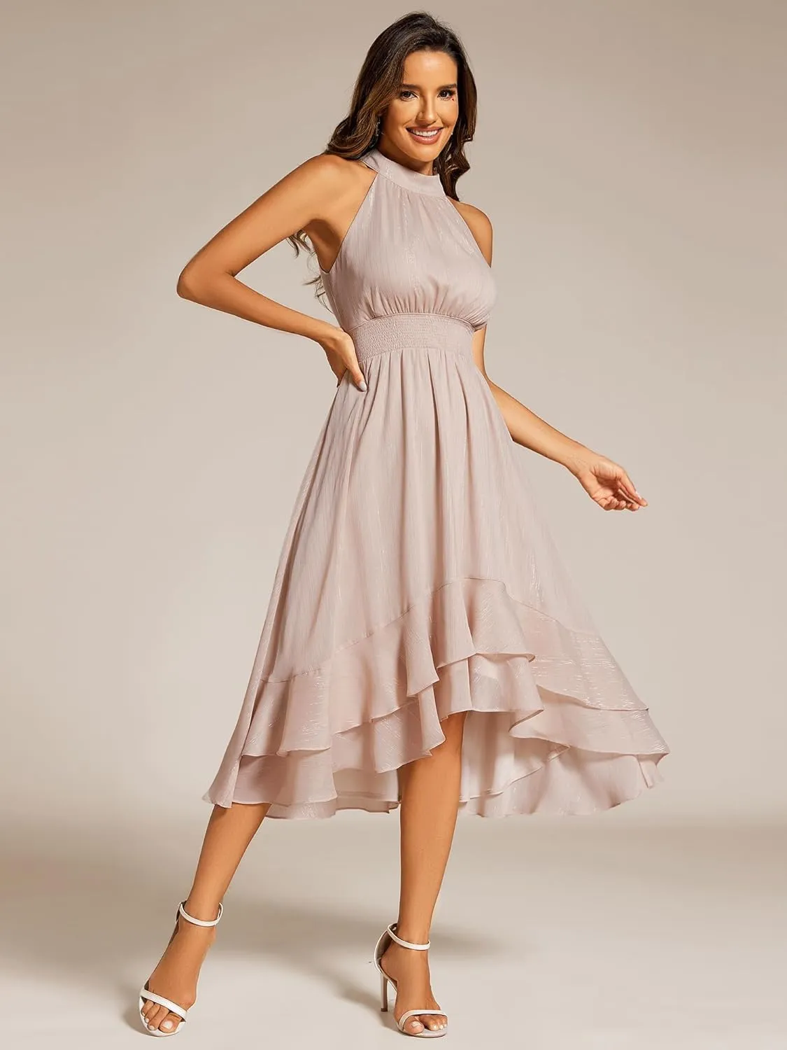 Ever-Pretty Women's Halterneck Elastic Waist Glitter High Low Summer Wedding Guest Dress with Layered Ruffles 31977