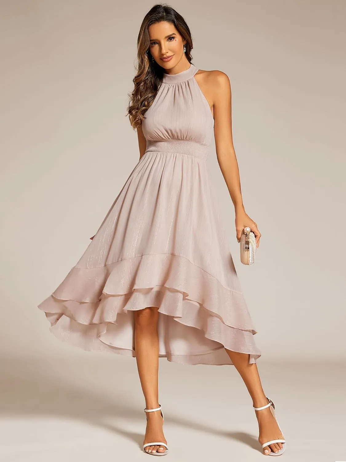 Ever-Pretty Women's Halterneck Elastic Waist Glitter High Low Summer Wedding Guest Dress with Layered Ruffles 31977
