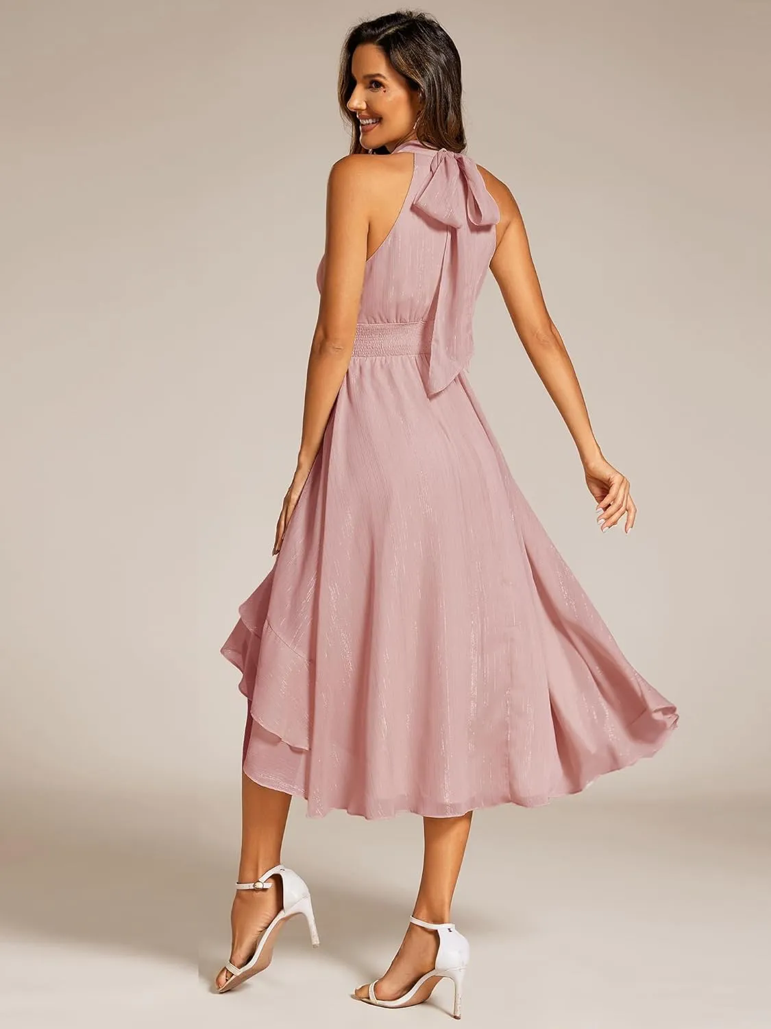 Ever-Pretty Women's Halterneck Elastic Waist Glitter High Low Summer Wedding Guest Dress with Layered Ruffles 31977