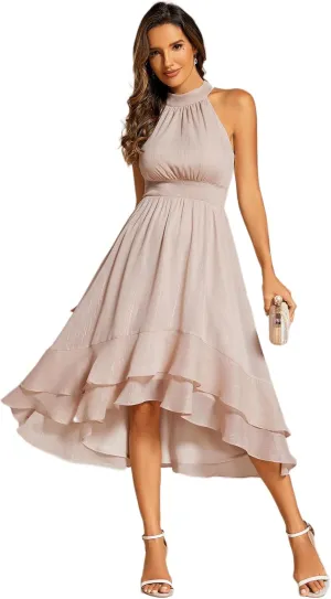 Ever-Pretty Women's Halterneck Elastic Waist Glitter High Low Summer Wedding Guest Dress with Layered Ruffles 31977